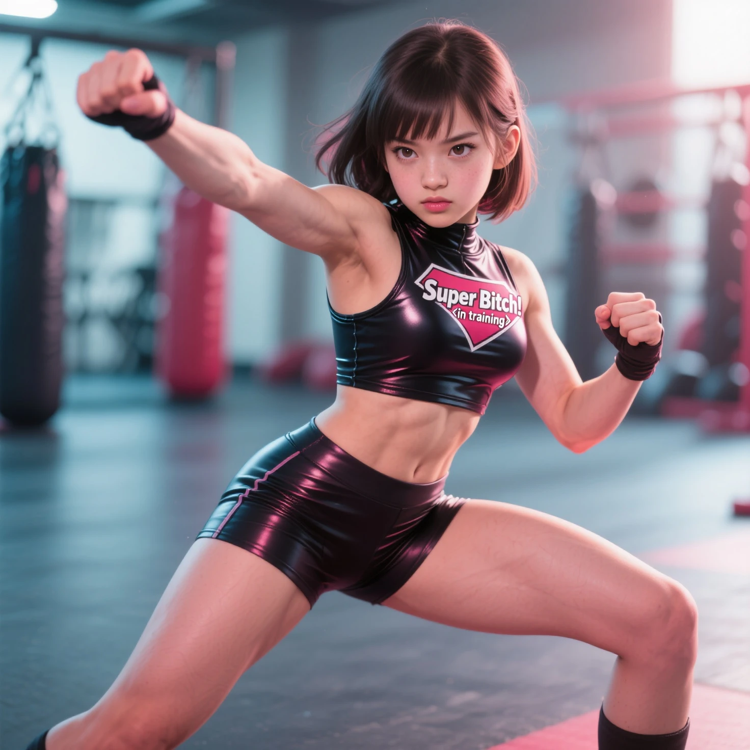 cute dominant woman, ready to fight, full-body shot