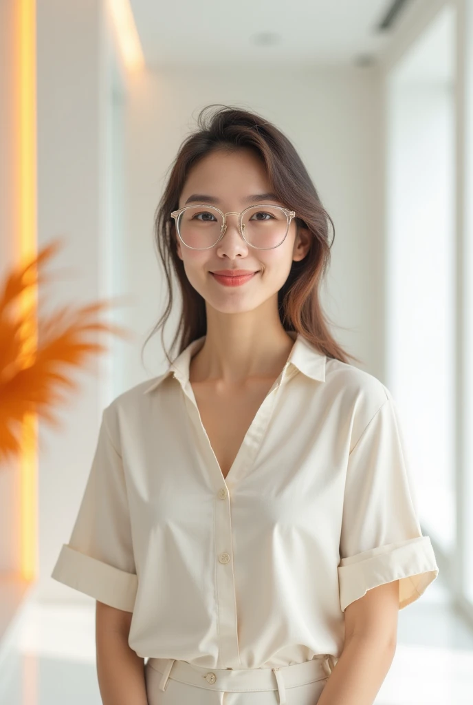 "Create an image of an 1 Asian woman, a teacher wearing glasses, with a cute face smiling. The image should be full-body, slightly revealing, youthful, and realistic."