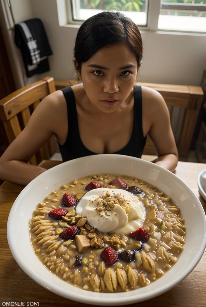 ((best quality)), ((masterpiece)), (detailed), perfect face 28yr women super detailed face super detailed eyes , yellow micro mini bikini , curvy body , shining oily body eating meet kitchen oily wet body big red lips pumped lips 