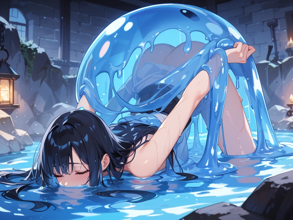 black hair,Blue eyes,water eye,Small breasts, tits, [ 4k digital art ]!!, Wet and slimy, Shiny wet skin!!, Enchanting anime girl,Watery eye,10 years old,one woman,steam,blush,Raise eyebrows,hime_cut,anal,One female,constricted pupils,(cowboy shot:1.3), (crotch focus:1.2)