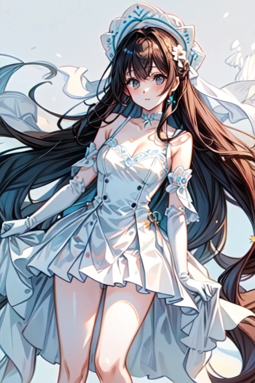 1 girl , long black hair, Red eyes, elegant white wedding dress , big breasts, clear skin, happy face