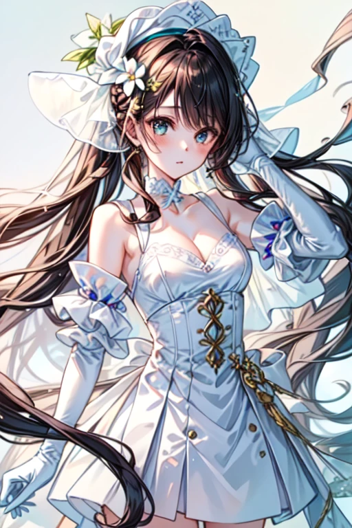 Sagisawa Fumika, 1 Girl, Solitary, watch, pendant watch, blue eyes, breast, Gloves, Headdress, skirt, Long hair, cleveage, Looking at the audience, white Gloves, Bare shoulders, open mouth, large breast, Strapless, Necklace, blush, white skirt, Black Hair, Brown hair, Hair between the eyes, Strapless skirt, clavicle, Smile, Bangs, on stage,