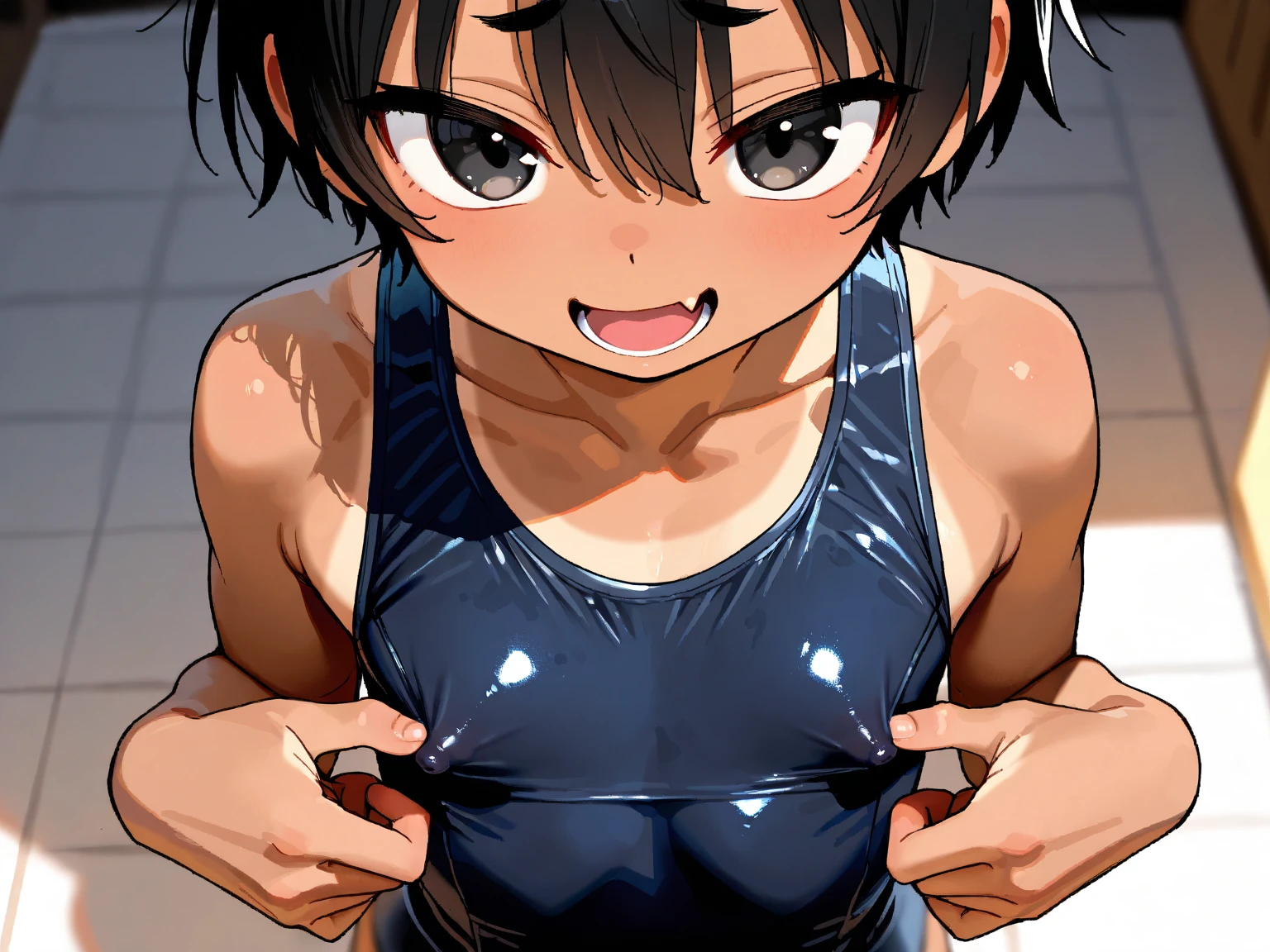 masterpiece, best quality, ultra detailed,,1girl, blush, sweat, hair ribbon, twin tails, ((school swimsuit)), pantyhose, dark skin, slender, dynamic pose, pool