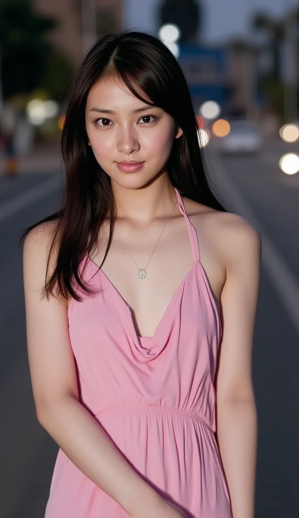 best quality, ultra high res,outdoors, (photorealistic:1.4), 1girl,wavy hair, natural makeup,small breasts, (black hair:1),hair down,full body, facing front,blush, street