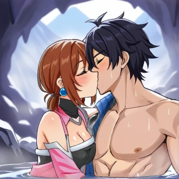 Girl with cat ears dark purple hair tail purple eyes mermaid outfit having sex h her tongue hanging out in the sea with a boy with red hair, blue eyes, muscular tattoo and cumming face NSFW