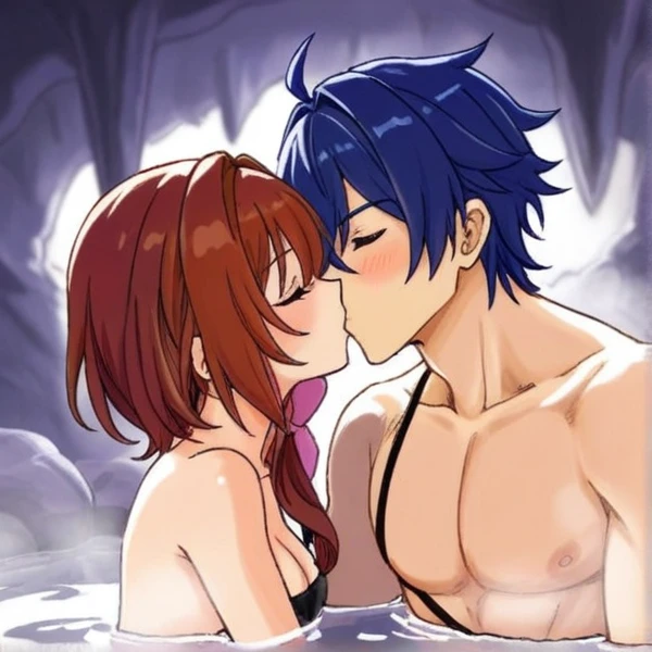 black hair, short hair, brown eyes, hair between eyes, ash ketchum, shirtless misty pokémon, orange hair, green eyes, side ponytail, masterpiece photograph of beautiful 18 year old couple naked, bath towel, they're showing their love and affection for each other, they're caressing, hot sauna, wet bodies
