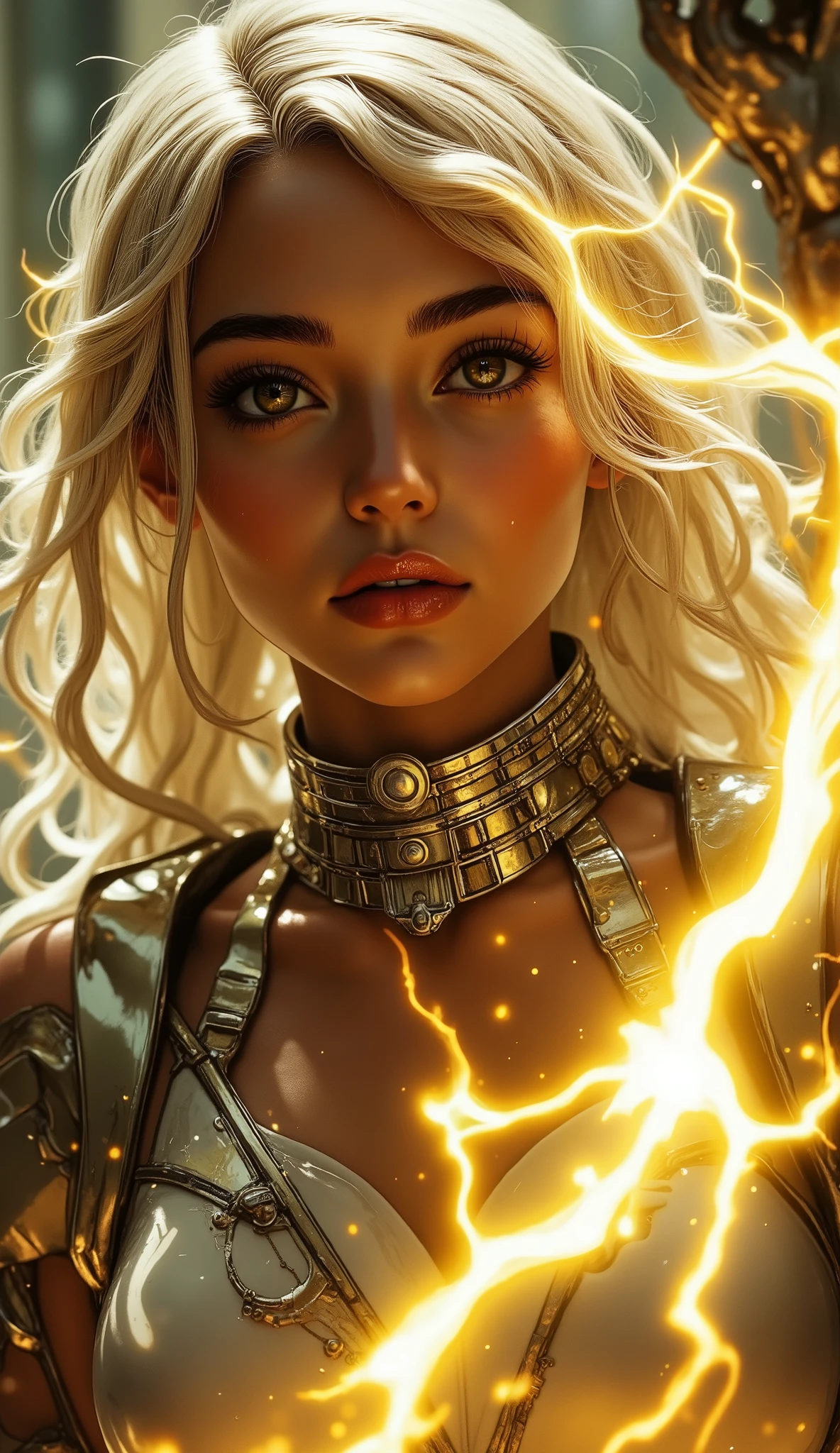 a solo female subject, dreadlock hair, deep brown skin tone, electrifying foreground with crackling energy, dynamic motion blur, commanding and action-filled pose, radiant white hair in intricate dreadlocks, piercing yellow eyes, robust and metallic choker, muscular physique, futuristic and ancient-inspired mechanical arms extending from shoulders to palms, metallic arms adorned with intricate designs, serene yet powerful facial expression, innocent yet intense eyes, squished breasts, raised metallic fist radiating dominance, skin exuding glowing yellow particles, enveloped in yellow lightning, vivid and intricate crackles of yellow electricity, dramatic side perspective, high-above vantage point, surreal distortion in perspective, imbued with powerful energy and depth. animeart, midjourney_whisper_innocent_eyes
