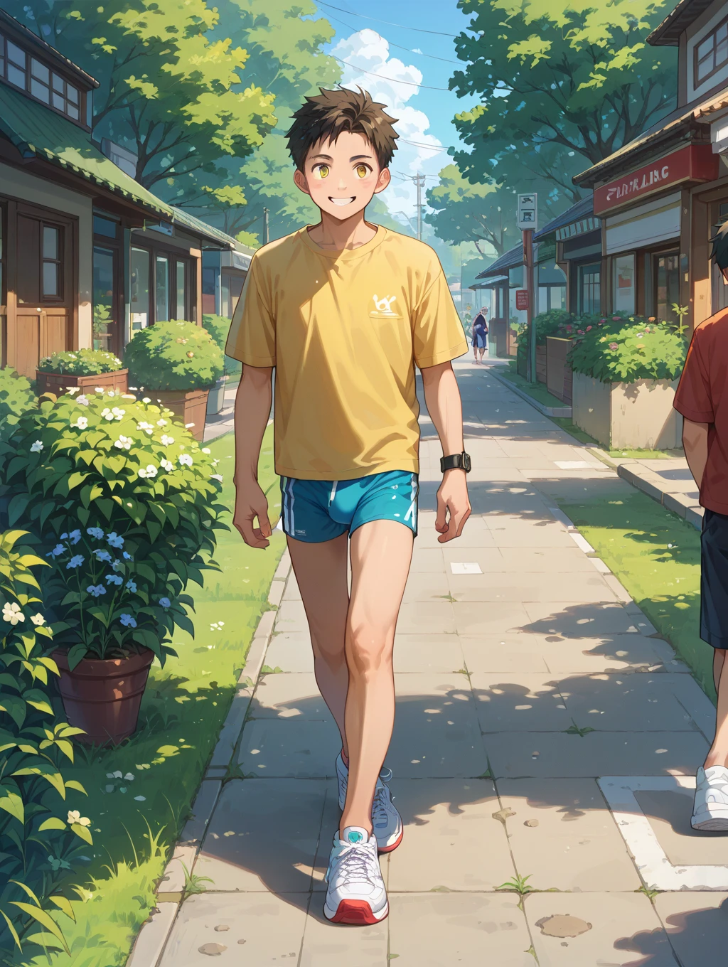 A hyper-realistic, 12-year-old boy with cinnamon-brown skin, Athletic Tone Body Spiked Hair,Serious male thoughtful observer dark blue school swimsuit, Mokkori,Crowd Street,cum shots