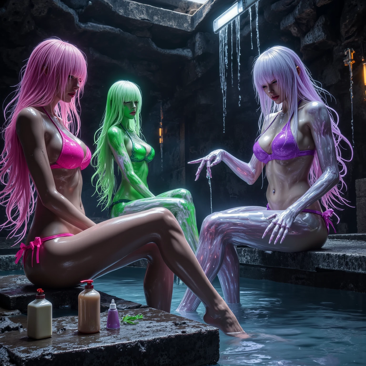 Slime girl, (slime) Slime hair Tellum hair style, Persian orange, green, blue, purple, no clothes, nsfw, Masterpiece, Best Quality, ((two heads):1.4), (three heads), mature woman, adult woman