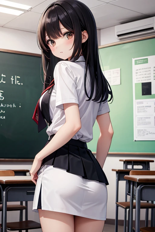 (((skinny teenage girl))), classroom, perfect face, (surprised:0.3), (scared:0.3), skirt, beautiful wild hair, looking back