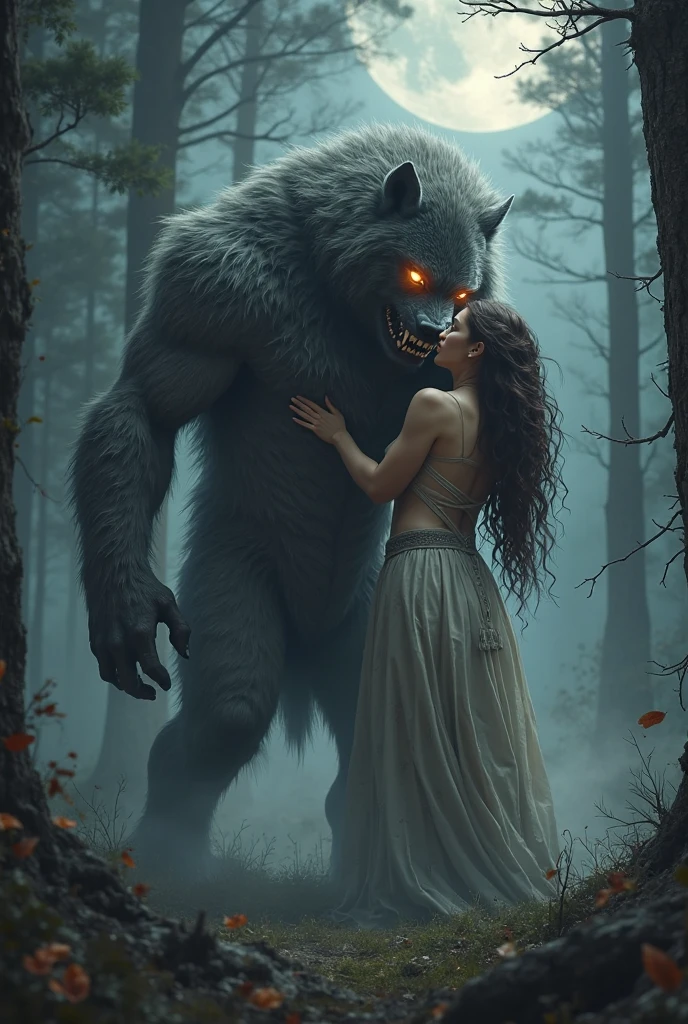cinematic film still of <lora:Werewolf style:1.2>
wide angle of a woman in a red dress standing in foreground next to a large giant monster Werewolf in background Werewolf Style, shallow depth of field, vignette, highly detailed, high budget, bokeh, cinemascope, moody, epic, gorgeous, film grain, grainy