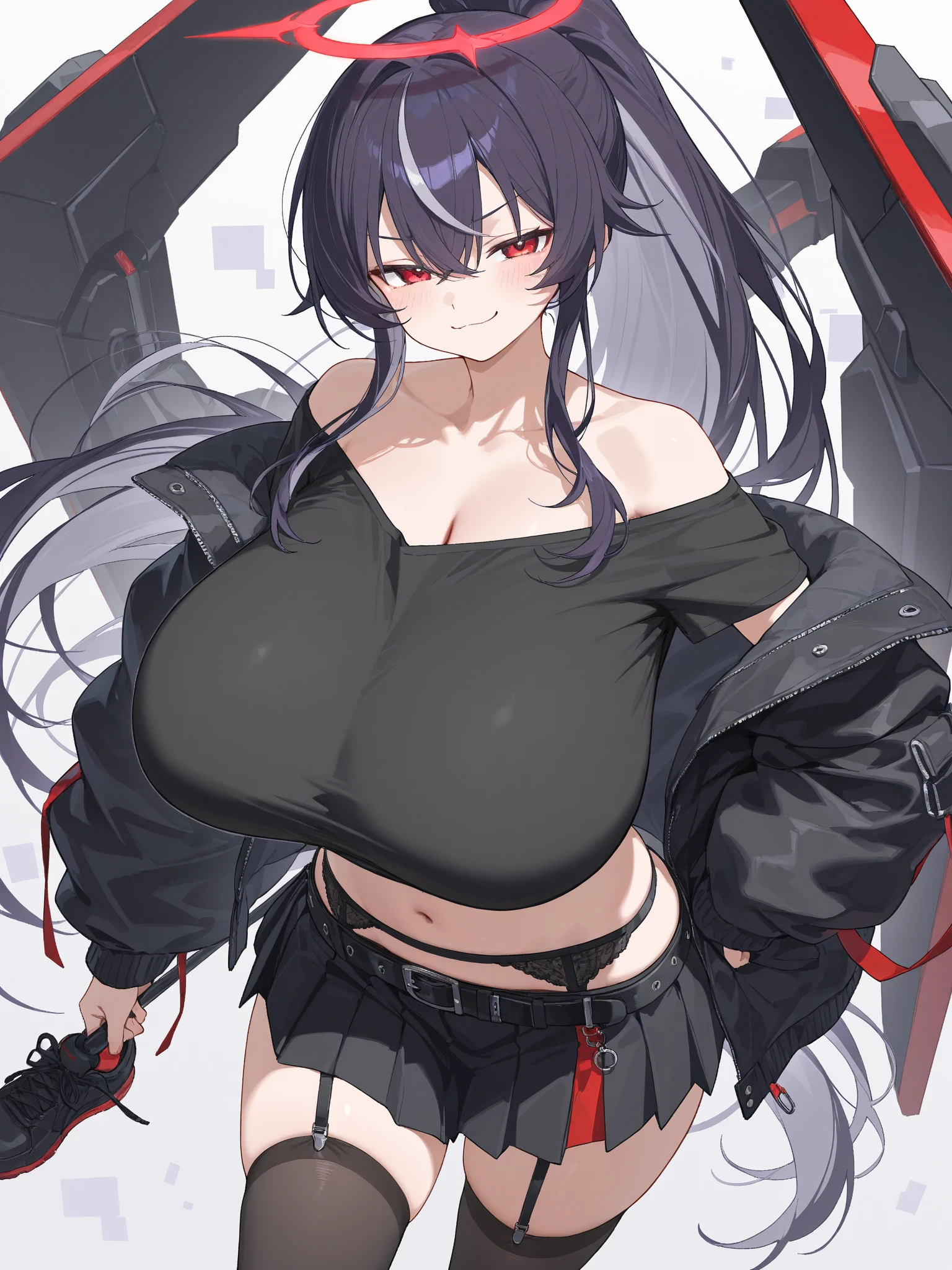 1girl, black hair, (3heads:1.5), (huge breasts:1.5), long hair, hairclip
,purple eyes,red lips,
Hot girl, baddie, bad attitude, mean girl, crazy, smoking, sensual, attractive, blush, lipstick,  jewelry, earrings, masterpiece, best quality, highly detailed, miniskirt. (very deatiled eyes:1.5),fantasy , a anime girls in armored dress holding a sword
posing for a picture, evil smile, smile, open mouth, breastplate with open cleavage, cleavage, warrior
outfit, ecchi anime style, anime girls, ecchi style, (nsfw) not safe for work, ecchi, digital anime art!!, in
anime style, official artwork, visual novel cg, beautiful anime girl, anime style 4 k , loincloth, exposed
belly, exposed navel, exposed midriff, exposed lower belly, pencil skirt armored, castle,inside castle