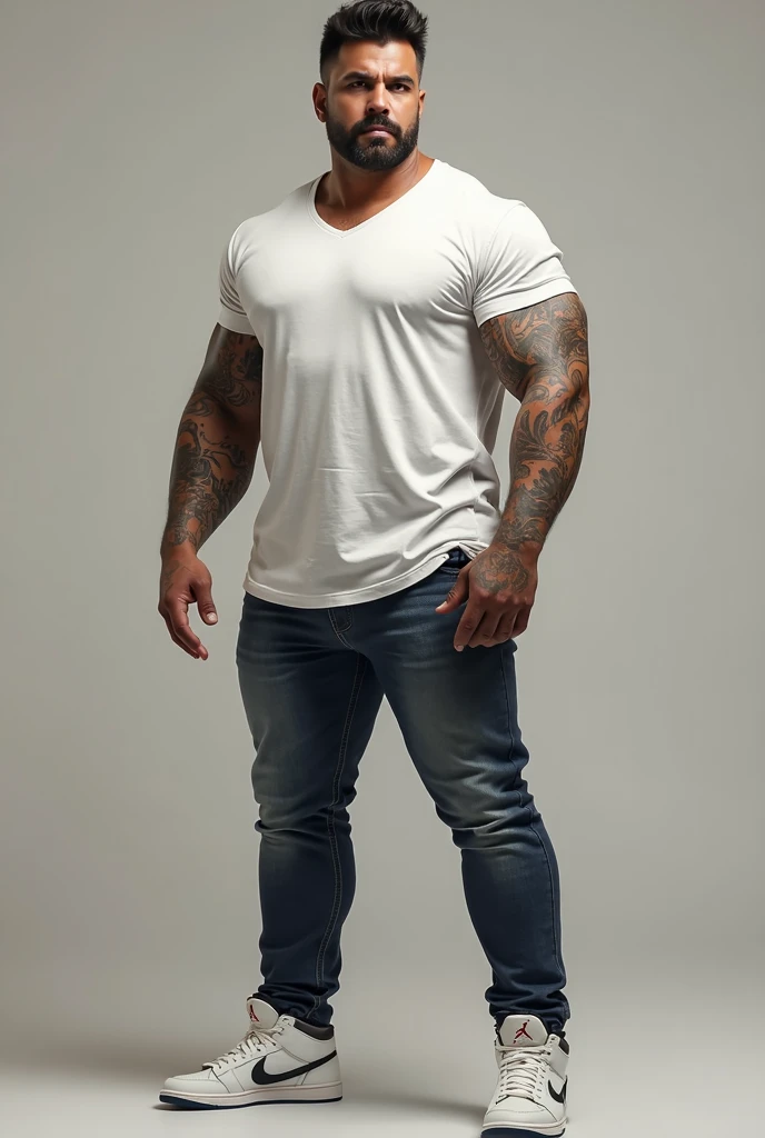 Athletic 20-year-old man wearing white lycra shorts, large lump between legs, He's in an erotic pose, Bring a dark cap and white tennis shoes, with white skin tanned, Brown hair, with a tattooed arm