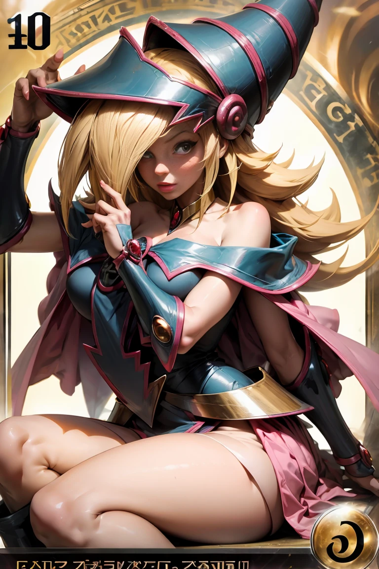 anime, Mujer, solamente, Cabello largo, They are smiling, debajo de los senos, cabello rubio dorado, cabello lacio desordenado, cabello encrespado, ojos amarillos dorados, cuerpo completo, Orejas de caballo, Conjunto de punk rock, pose seductora, hot, nude, desnuda, pose sexy y atractiva . Magic background and circles