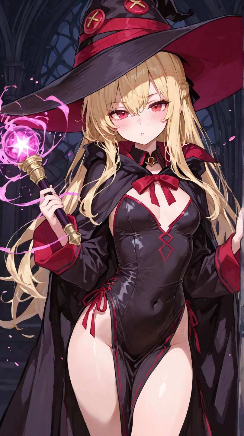 Best Quality, Masterpiece, High Resolution, 1girl, Pink Very Long Hair, Brown Wizard Hat, Dark Red Eyes, Pink Scarf, Black Chains, Medium Breasts, Dark Chamber of Secrets, Long Brown Wizard Robe, Holding Ebony Staff Set with Gems, Black Over-the-Knee Boots, Exposed Thighs
