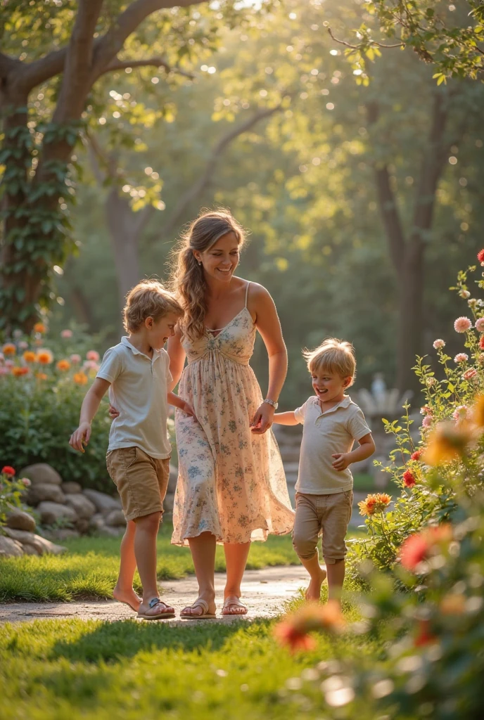 Realistic photo of a mother, a ten-year-old daughter and a two-year-old daughter, walking in the park happy and joyful