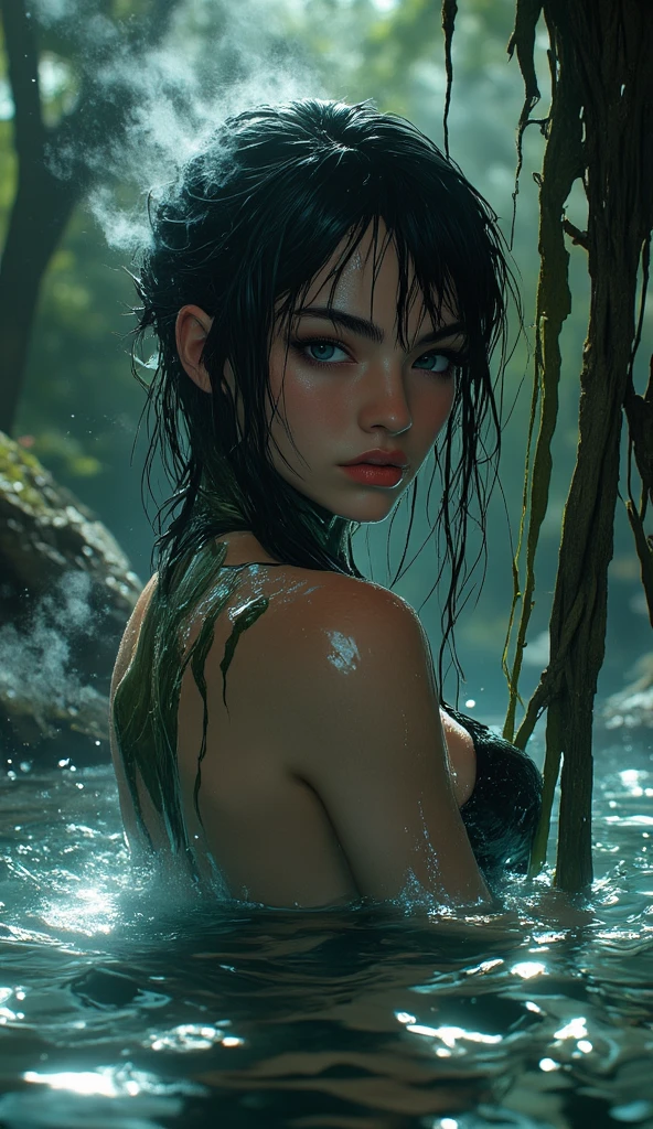 HDR, cinematic light, 8k, hyperrealistic, highly detailed, intricate, photorealistic, volumetric lighting, ambient occlusion, global illumination, ray tracing, ultra-detailed skin, hyper-realistic eyes, flawless skin, mesmerizing, ethereal, dreamlike, mystical, surreal, fantastical, magical realism, lush, vibrant, stunning, captivating, breathtaking, awe-inspiring , tight underwear, Obscene breasts, very large breasts, temptation, black hair, emerald green eyes, seductive lips, open mouth, saliva dripping from the mouth, Boldly open legs, thick and prominent pubic hair, voluptuous, sexual body, very visible nipple, vagina dripping with milk, Soaked down, full buddy ، Naked ، sex ,hot , perverted face