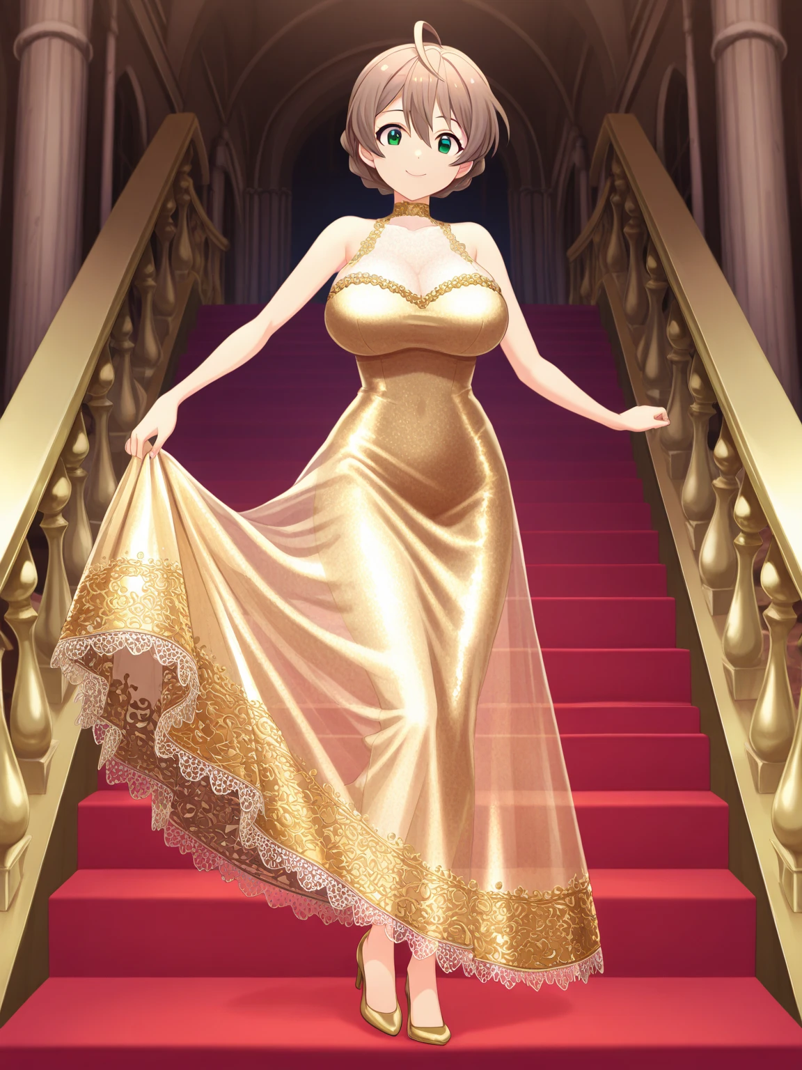In front of the altar of a majestic church、（blurred background）、brighter light、golden long hair girl、Classic White Wedding Dresses、（elegant luster）、（Lots of races）、lots of ribbons、((voluminous puff sleeves))、long cuffs with many buttons、golden embroidery、long train、white embroidered gloves、five fingers、laughter、Redness of the cheeks
