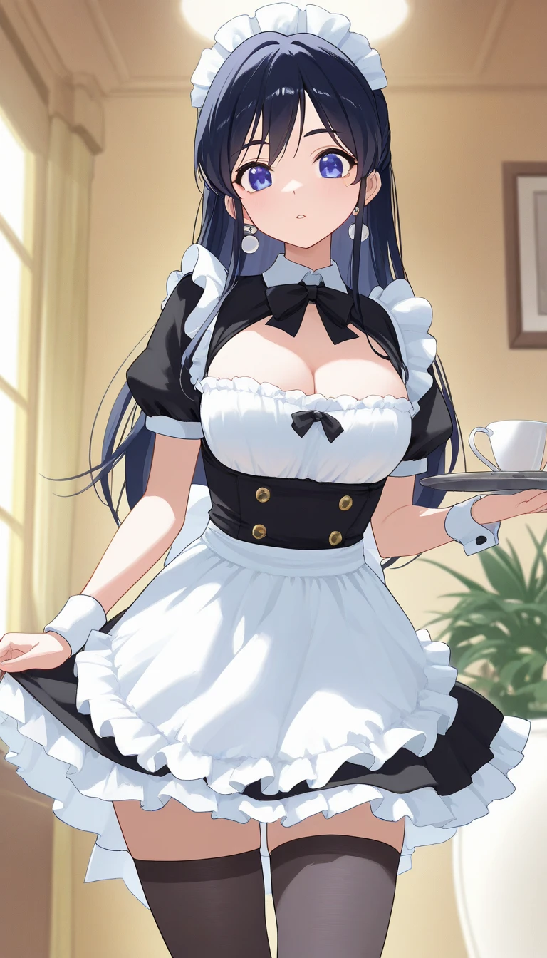((highest quality)), ((table top)), (be familiar with: 1.4), (absurd),Dressed in maid costume1girl girl, A sly smile, generous neckline, beautiful breasts, long manga-style eyelashes, near the real, Scale to fit, nffsw (high dynamic range),ray tracing,super resolution,unreal 5,Dispersed underground, PBR texture, Post-processing, anisotropic filtering, Depth of bounds written, maximum clarity and sharpness, multilayer texture, surface shading, Accurate simulation of light-matter interactions, perfect proportions, Rule of thirds, highest quality、In 8K