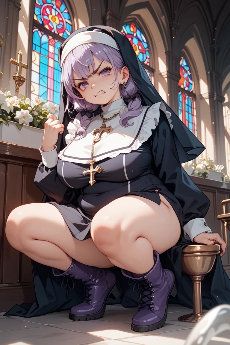 (best quality,Unbeatable masterpiece:1.4),Ultra-detailed CG 4K,purple hair，nun headdress， Loose bikini，High heel，huge，rendering，huge，squat on the ground