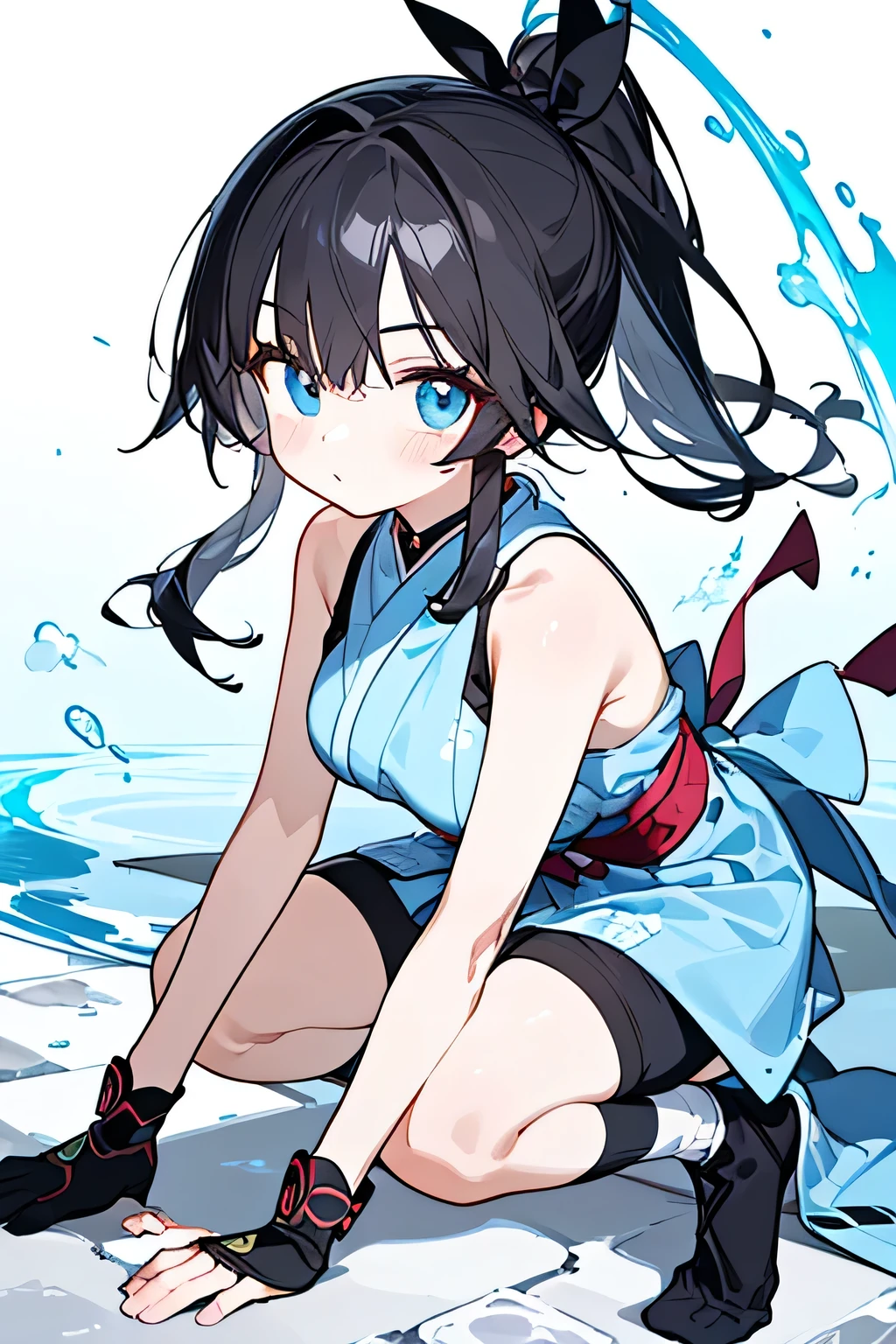 NINJA WIND,Beautiful girl,(cool x ponytail),mystical atmosphere, natural body,Hand guard,((Tsubame ninja costume=Sleeveless x light blue kimono x long hem))shorts x spats, socks,Detailed Clothes,(Slender Body,marshmallow breasts ,),BEAUTIFUL BLACK HAIR,Beautiful blue eyes ,well-groomed face,Clear Skin,Fair skin,Japanese face,