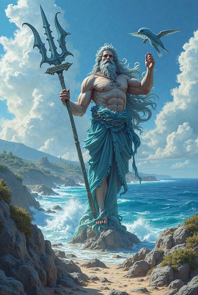 Greek God Poseidon above the ocean waters wearing a blue robe and holding his trident