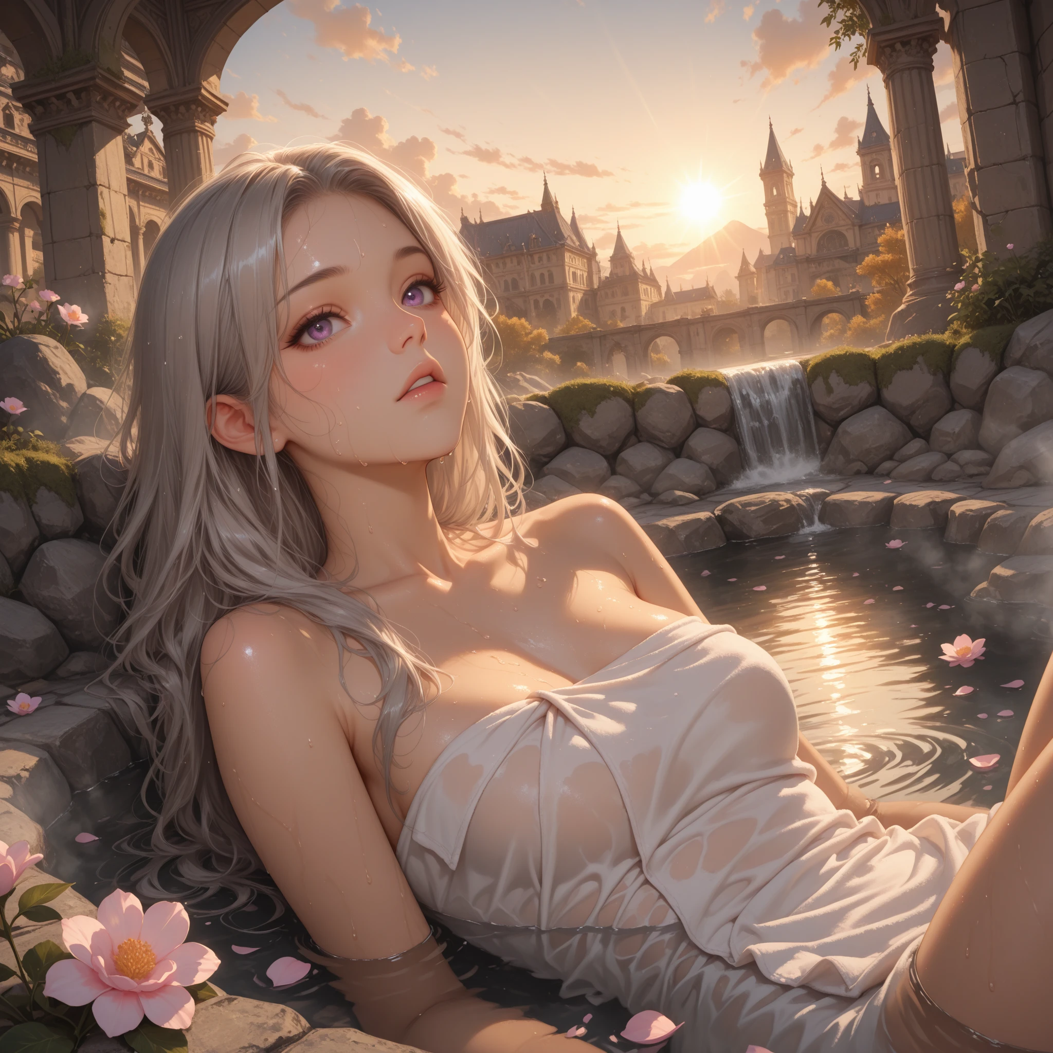 1girl, (solo), elf, long asymmetrical hair, white hair, long pointed ears, ((purple eyes!!)), smile, blushing, (medium breasts), dark skin, (naked), (nude), sitting on water, arms in the air, hand behind the head, medieval castle behind, medieval castle town, (days), (very sexy body, detailed face, detailed eyes, masterpiece, highly detailed, 8k, best quality, vibrant colors, digital art, concept art)