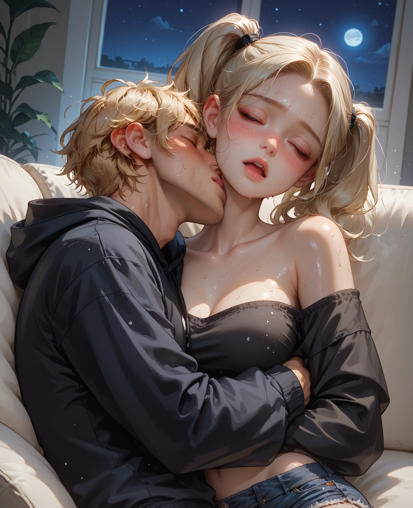 score_9, score_8_up, score_7_up, 1woman, solo, hair, closed eyes, white milky porcelain skin, white-skinned female, blonde twintails, lovely medium breasts, short, thick, perfect body, black hoodie, denim shorts, messy clothes, exposed shoulder, sweat, female organism, open mouth, looking at viewer, head tilt, nose blush, blush, indoor, living room, night time, late night, shiny skin, lying down, against couch , upper body, 1woman, 1boy, (faceless, face on girl's face,
intense kiss, deep kiss, neck kiss ), hug. Dutch angle.