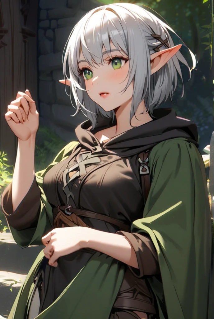 (((Crawling on all fours on the lawn:1.3))),(((forest trees々々sunlight shining through))),(((elf woman with small ears:1.7))),(((Little elven ears:1,7))),（50 years old）,(Fair skin:1.7),(An oversized wet green costume that is about 3 sizes larger than a woman&#39;s.&#39;s.:1.7)、Beauty Warrior,(neck is open、(You can see through the wet green kimono:1.7)、(Her small breasts, She wears armor 3 sizes larger than Wet Green Lady.., What can be seen through the hanging gap at the chest of the large green costume.:1.3)、(sexy wet green costume:1.3)、(An oversized wet green costume that is about 3 sizes larger than a woman&#39;s.&#39;s..and the space between the small breasts:1.3)、(Small breasts with a glimpse of cleavage:1.3)、(very small breasts:1.7)、(very small breasts見せ: 1.3)(smile full of happiness:1.3),(((Emphasize small breasts:1.3))),(dynamic angle),(((Dynamic and sexy forward leaning posture:1.7))),(( (wet and shiny skin)))、extremely small breasts、Clothes flutter in strong winds、chest slip、one girl、hairpin、necklace、earrings、look up from below、Pointed red mouth、cheeks turn red、he sees who is logged in,(shiny silver hair,short hair),Disarrayed hair blows in the strong wind,look at the camera,(professional lighting),(8K,debris flies、highest quality、Ultra high resolution output image、)、Depth of written boundary、beautiful hands、beautiful fingers、Detailed functions of fingers、Detailed characteristics of hair、detailed facial features、Detailed features of clothing、wet hair、wet body、wet costume、
information
