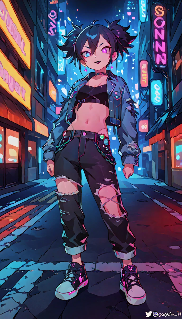 4k,CG Digital rendering,wallpaper,illustration,absurdres,Ultra HD,incredibly absurdres,masterpiece,amazing,finely detail,original,beautiful-detailed eyes,tyndall effect,dynamic angle,cyberpunk city,night, (1girl:1.5),(solo),((streetwear)),toon,medium breasts,nsfw,shorts,((Sexual suggestion)),(standing),leaning forward,earrings,cat_ears,ribbon choker,(cleavage),((colorful streaked hair)),((( gradient hair))), neon light,, ((painting, canvas, fine art)), detailedHDR, portrait, 50mm, F/2.8, 1m away,