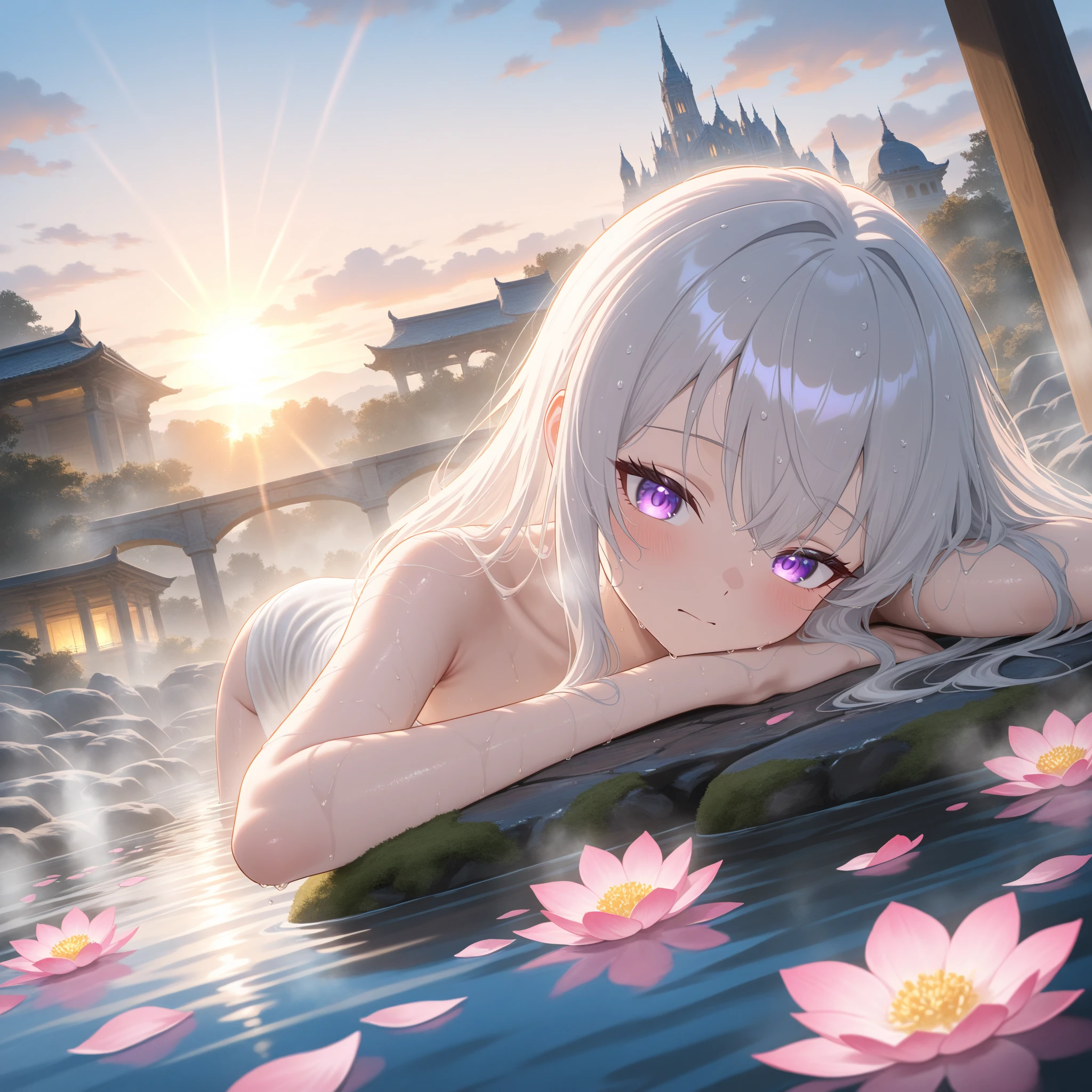 (NSTDA.:1.2), (10, beste-Qualit, master-piece: 1.4), ultra-high resolution, (lifelike, photorealistic portrait: 1.48), 20 age, Cute Girl, (See through the microcolor bikini beetle:1.48), Famous Japanese actors, (hair over one eye:1.3), Blue Eyes, Head tilt, cowboy shot, from the side, looking at the audience, expressionless, Beautiful lake, Zeiss 150mm F/ 2.8 Hasselblad,  Whole body, foot, Ultra-Wide Angle, The backyard is a beautiful sea...... , There are beautiful arrangements of cherry trees.