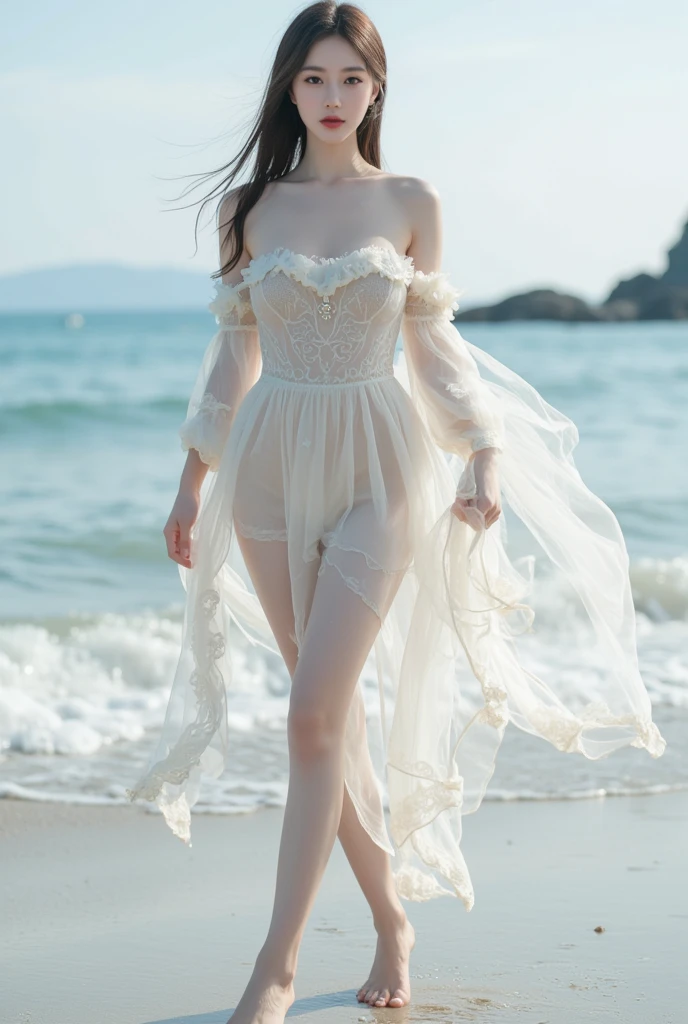 Beautiful woman with perfect body：1.4，Layered Hairstyle，Prominent cleavage，Highly detailed face and skin textures，Double eyelids，Skin Whitening，Long hair，Whitened long legs，（Silver dress）Standing by the sea
