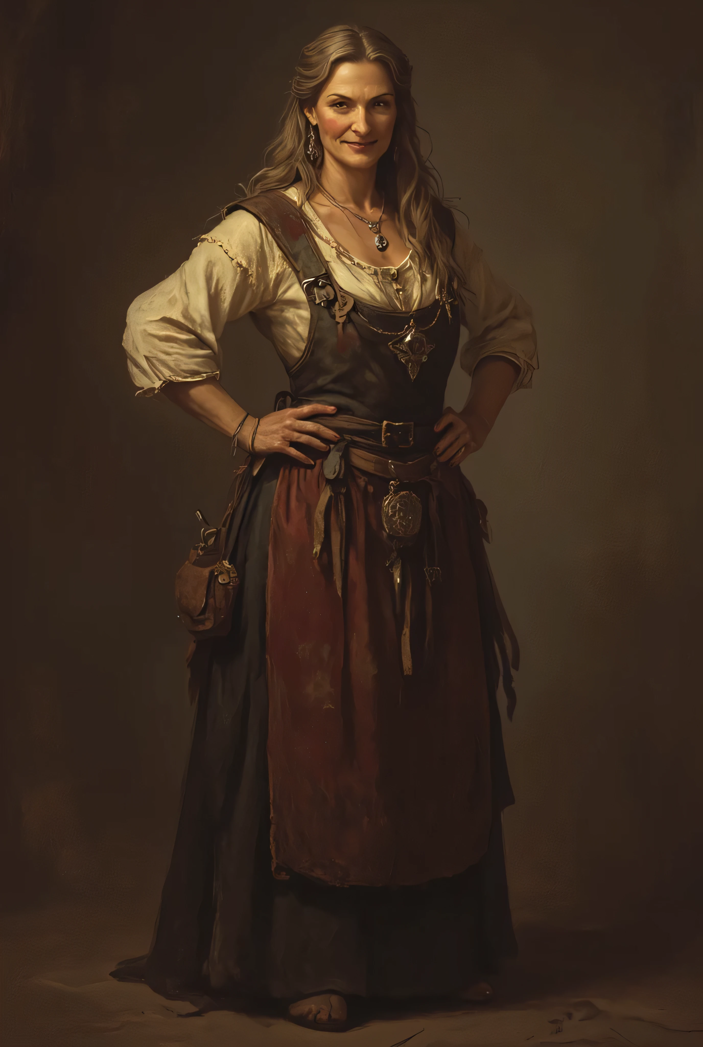 (1female, mature woman, long wavy hair, perfect body, a medieval housewife, beautiful figures, happy expression, wear humble minimalist medieval housewife cloths, apron, standing leaning forward, hand on hips, dynamic pose), perfect proportions, digital painting, character concept, warm color palette, elegant, graceful, anthr0dnd, Gul'dan, 8K, photorealistic, masterpiece ,ultra-detailed ,vivid colors, dramatic lighting, moody atmosphere, cinematic composition, simple dim background, intricate textures, seamless blend of realism and fantasy