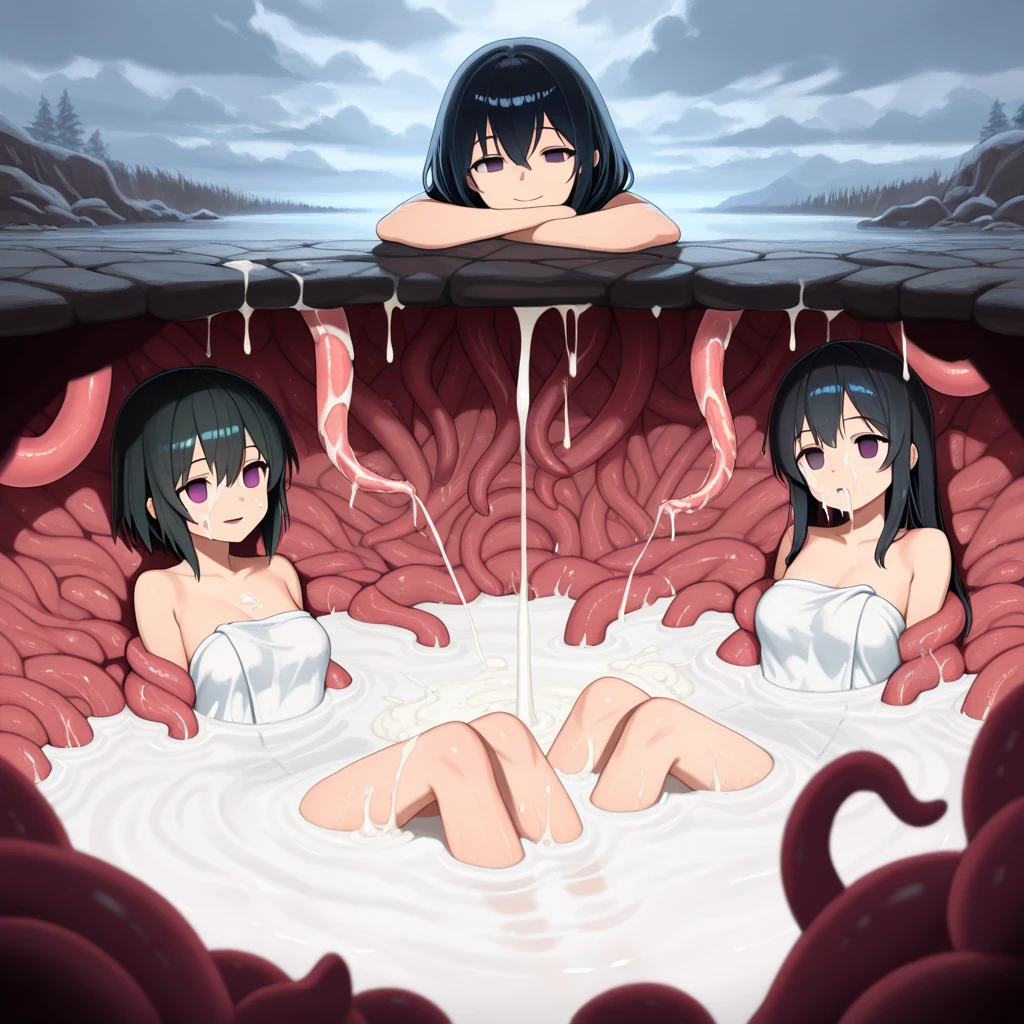 2girls, tentacles, creampie, cum, purple_hair, red_eyes, wet_pussys, naked, medium_breasts