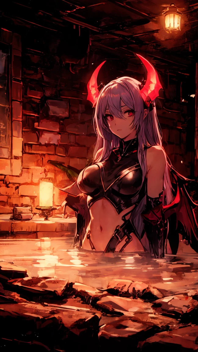 vampire, pale skin, red eyes, in a pool of blood, red water, naked, naked, naked, drinking blood, looking at viewer, ahegao, sultry expression, 4k