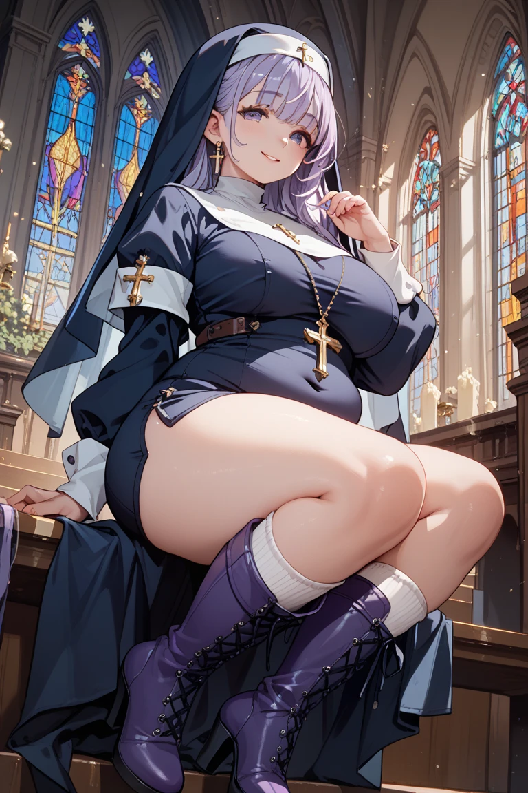 (Best quality at best,Unbeatable masterpiece:1.4),Ultra-detailed CG 4K,Purple colored hair,nun headdress, Loose bikini,high-heels,humongous large breast,rendering,humongous large breast,squatting on the ground