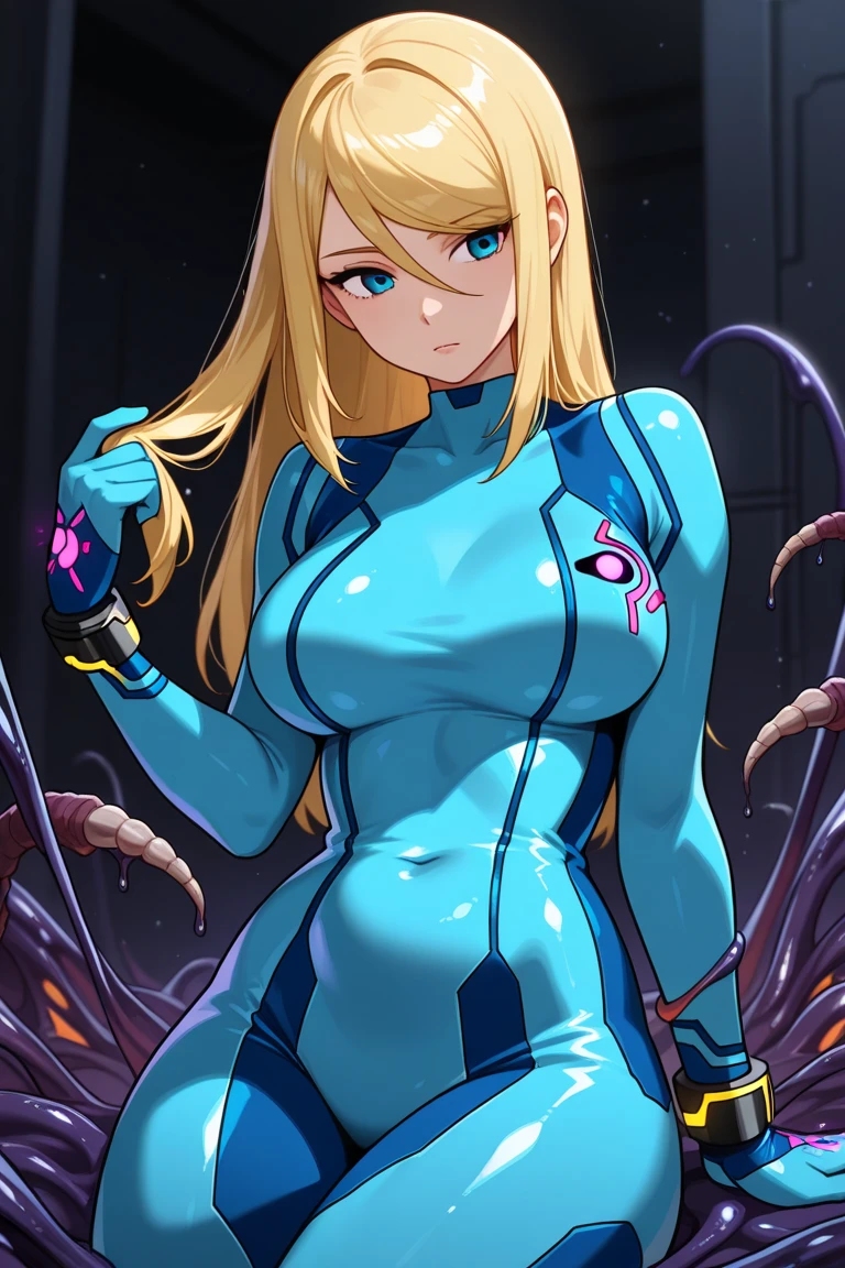 {nsfw}+++(evil samus aran) 1girl, standing, looking at viewer, (dark persona, corruption) contrapposto, evil, dark persona, bad end, corruption, dominatrix, parasite, infected, transformation, possession, mind_control, mind break, brainwash, dark samus(style), blue glowing vein over the body, fluide phazon, infected by phazon
evil smile, eyelashes, covered nipples, erect nipples under clothes, evil grin, evil eyes, pubic tattoo, dark aura, crotch_tattoo, big_breasts, silver hair, red eyes, evil eyes, venus body, voluptuous, pubic hair, innie , areolae, nipples, piercing, erect nipples, nipples visible through clothing, collarbone, wet skin, horny female, tentacles over the body, tentacles in pusssy, cum dripe, cum, cum over the body, pervert, ahegao, (realistic:1), best quality, beautifully detailed face, ray tracing, DOF, HDR, (evil base:1), pelvic_curtain,
revealing clothes, cleavage, tight clothing, highhighs, between labia, skin tight, fingerless_gloves, skintight bodysuit, official style, zero suite samus, blue neon glowing zero suite