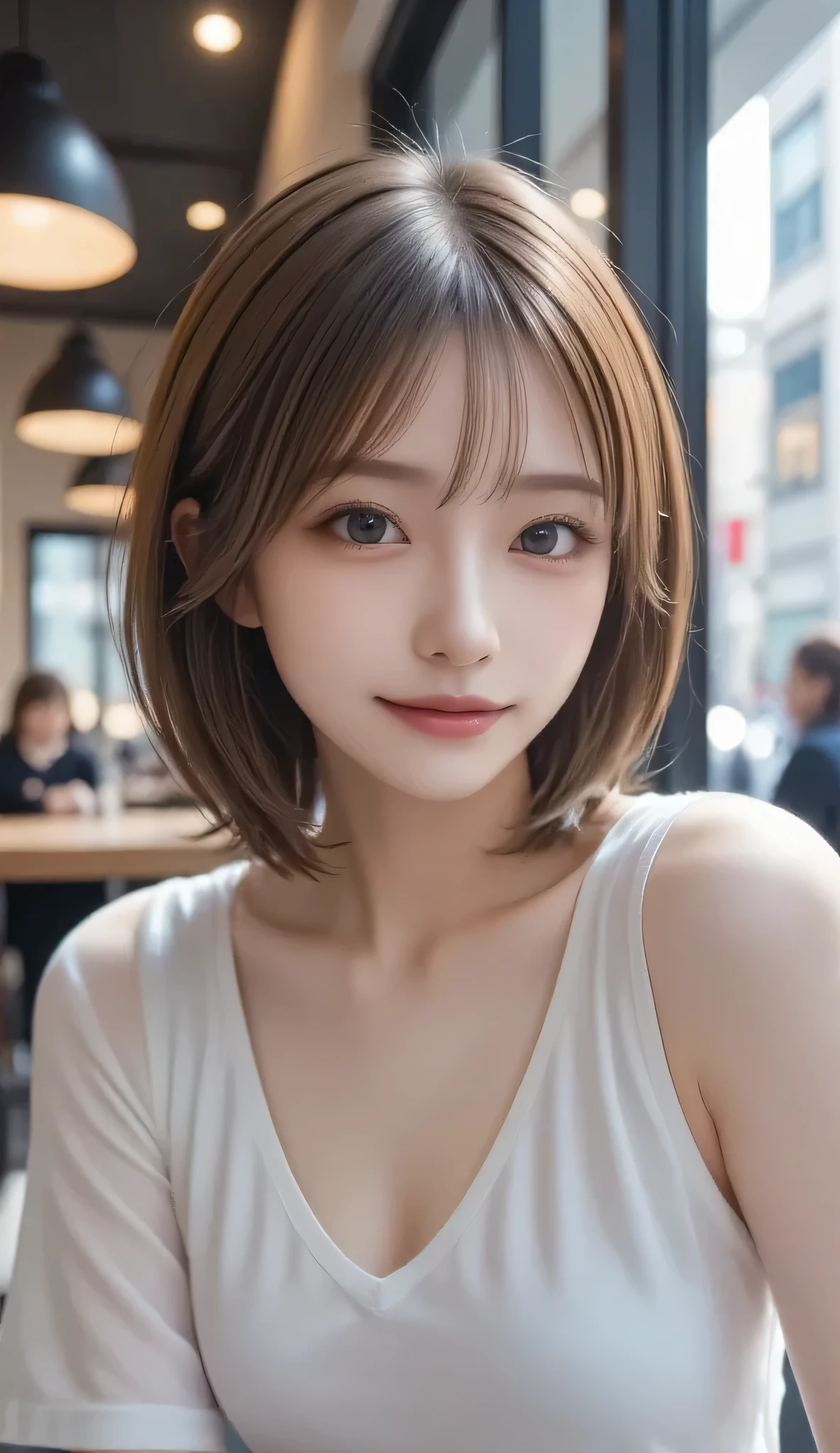 Future Girl, PURPLE EYES, space, pink hair, long hair, Futuristic Coffee Shop, relaxed 1 girl, Attention to Beautiful Details , detailed faces with ofisu , cute,