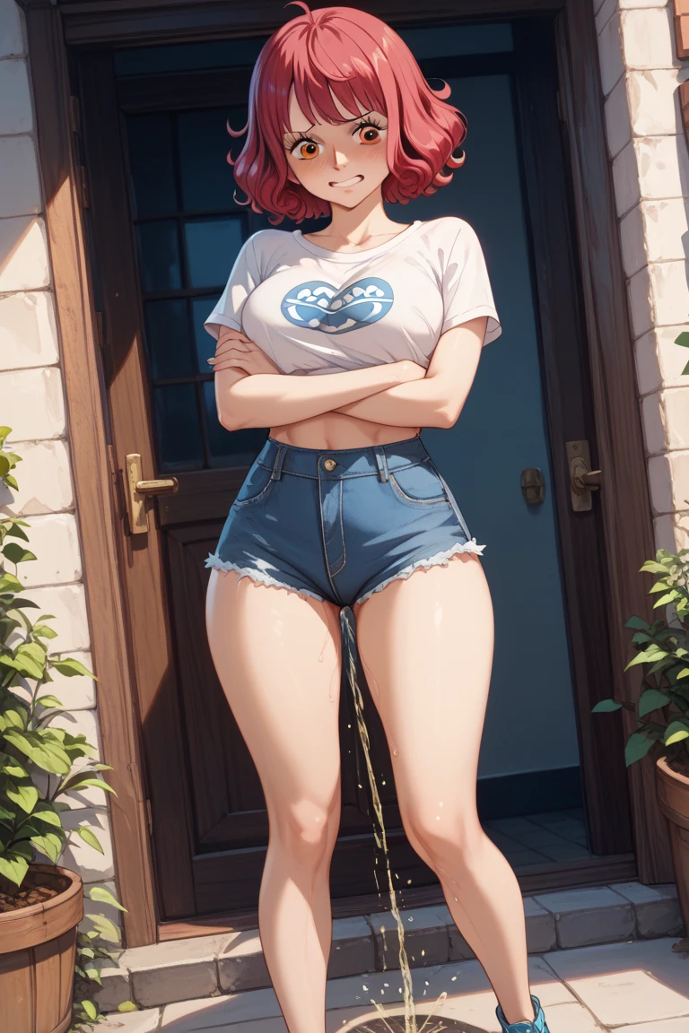 a young woman standing and in front, 1girl, solo, orange shoes, navel, navel piercing, Cute woman, beautiful short orange hair, short orange hair with bangs, pale skin, orange shirt, blue mini shorts, smile, attractive look, mature face, deep slanted eyes, chubby body, chubby, defined biceps, thick legs, slim waist, full body, full body, big breasts, big breasts, (best quality,4k,8k,highres,masterpiece:1.2), ultra-detailed, (realistic,photorealistic,photo-realistic:1.37), long socks