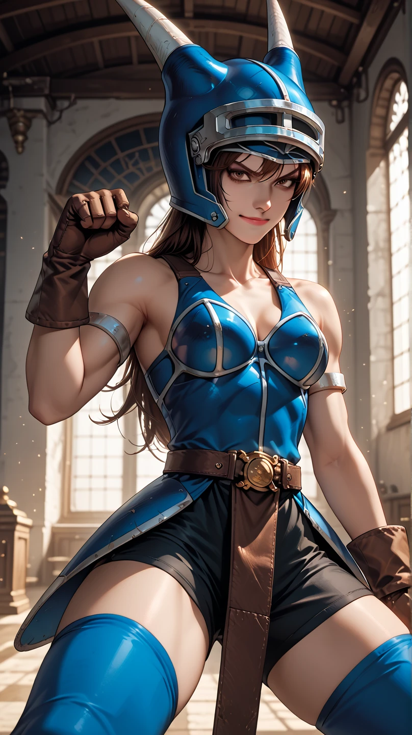 Beautiful woman, thin, thin silhouette, ribbon band on forehead, long light brown hair, rectangular face, (discreet expression of power), thick eyebrows, blue eyes, turned muscles, shirtless, arms covered by golden and dark blue armor, pants, abdomen and pectoral visible, breasts wrapped in bands of blue fabric. Messy hair