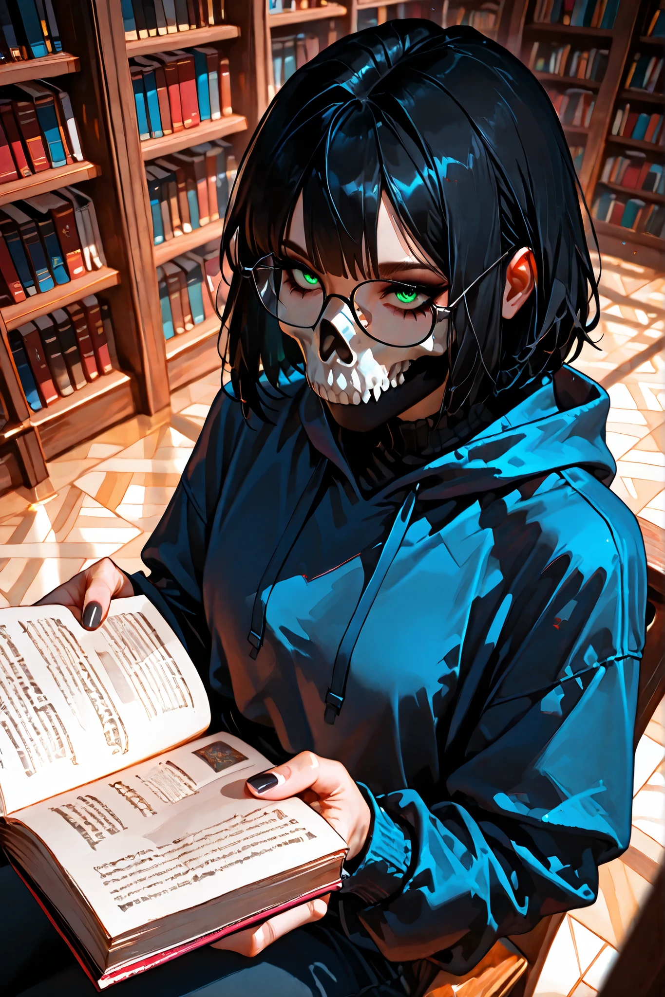(SuperQuality:1.0) ~ (SuperQuality:1.2), detailxl, girl, Solo, High Resolution, Best Quality, High Details, Super Detailed, library, (simon_riley), ((skull_mask)), glasses, reading a book, short hair, black hair, long nails, black nails, beautiful eyes, ((view from above))