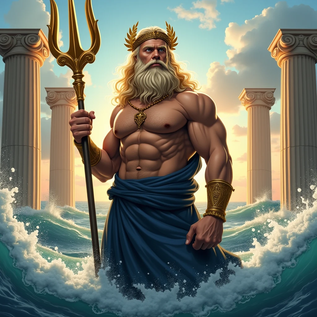 a team shield, with an image of poseidon with trident, a water background and the name "Atlantis" big fit ass