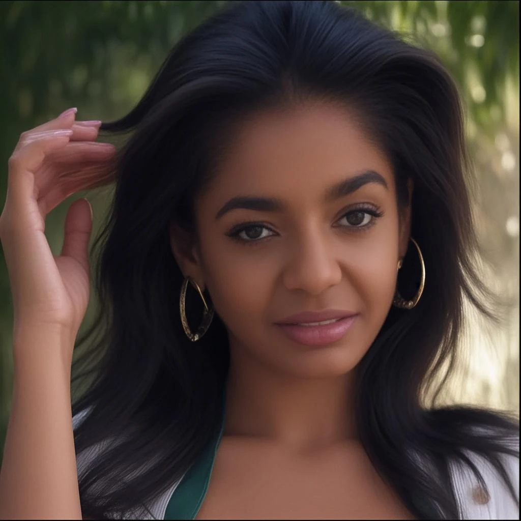 A masterpiece, best quality, 14-year-old Mexican girl (14-year-old teenager: 1;3), young appearance: very slim, small breasts, chubby and oblong face, egg-shaped, full lips covered with red lipstick, very long black curly hair, dressed in a cheerleader outfit , short, tight green blouse (green long top) long white skirt with green vertical stripes ((long white skirt))
background: playing fields and outdoor gyms, garden, park, girl exercising and posing for photos, the whole figure is visible, digital SLR camera, film grain, backlight: daylight, sun.