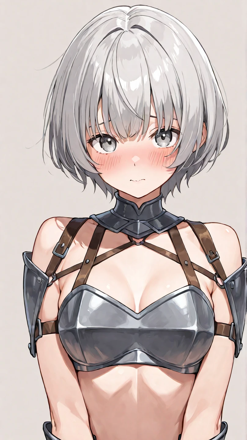 masterpiece, Best quality, watercolor (medium), 1girl, breast, Solitary, short hair, Cleavage, Black and gray hair, Black eyes, earrings, Bangs, jewelry, skirt, Bare shoulders, sleeveless, Hair between the eyes, 单Scapula, looking at the audience, Photo poses, Raise your index and middle fingers, large breast, armor, shoulder armor, sleeveless skirt, Upper Body, Single sleeve, white skirt, Scapula, Devil smile