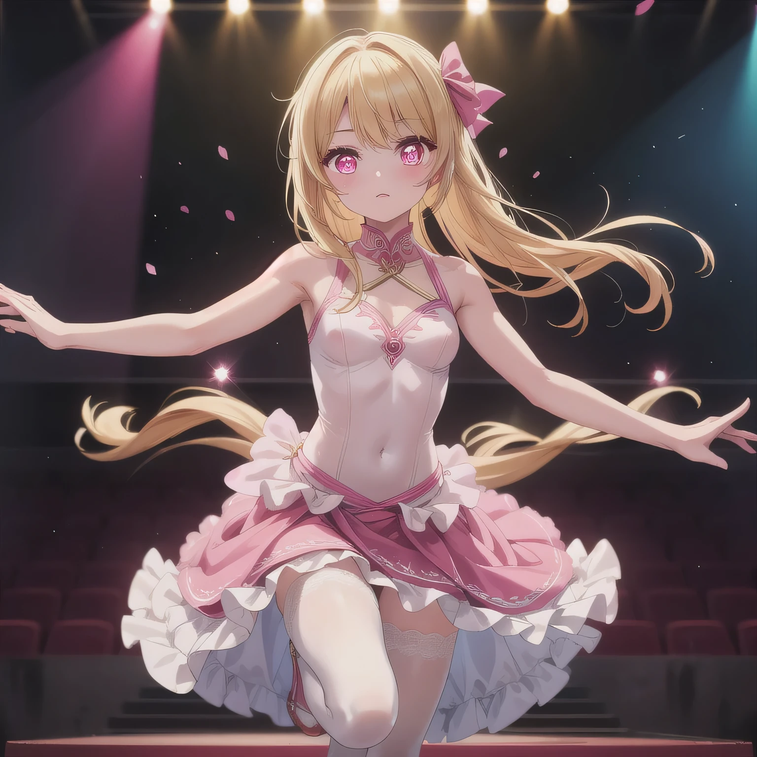 masterpiece, best quality, highly detailed, ultra high res, ayase arisa, 1girl, solo, hazel eyes, hair ornament, short ash blonde hair, (side ponytail), light smile, glossy lips, sleeveless idol dress, very puffy skirt, flared skirt, (see-through skirt), pink thigh highs, white heeled boots, looking back at viewer, crowd, audience