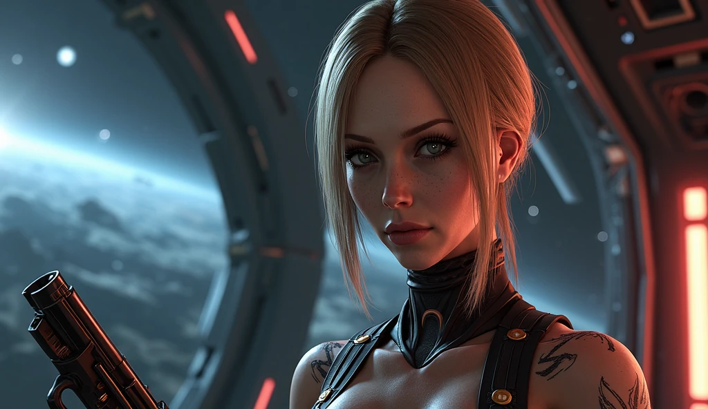 a woman white swedish blonde, platinum hair, short hair, (((pixie cut))), devil_smile, azure eyes, (big ass), sexy abs, in front of two soldiers, a cgsociety contest winner Luis Paret y Alcazar hologram, retrofuturism, reimagined by industrial light and magic, anamorphic lens flare, behance hd