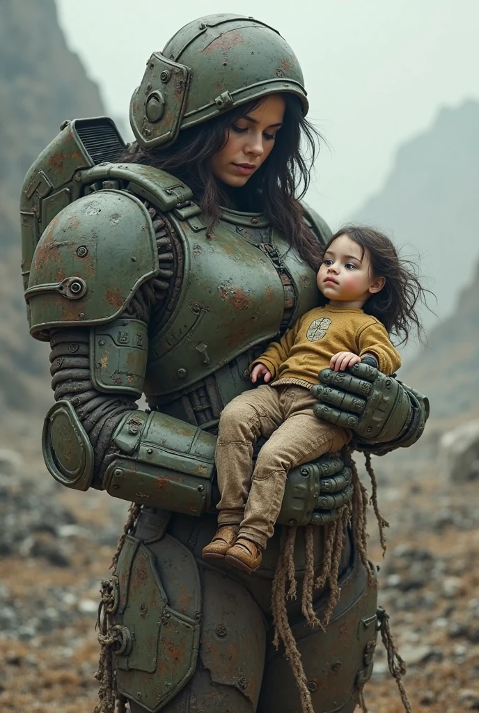 (SeaArtInfinity), beautiful Caucasian woman, sitting on rock, wearing futuristic Mjolnir powered assault armor MK6, long over right shoulder hair, holding a assault rifle , child carrying hand cyber realistic