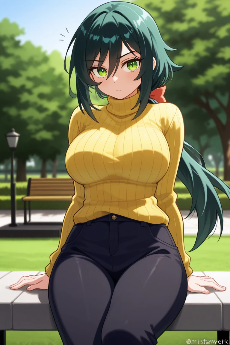[burnin], [Boku no hero academia], [Uploaded to rule34.xxx; (shosho_oekaki), (shoganight), (kingmaster)], ((masterpiece)), ((solo portrait)), ((full body)), ((HD)), ((anime)), ((detailed  soft shading)), ((beautiful render art)), ((cinematic lighting)), {(moe kamiji); (cute orange-red eyes), (long light-green glowing hair), (long ponytail), (green flaming hair), (large boobs), (gorgeous wide hips), (muscular legs), (thick thighs), (muscular calves), (defined arm muscles), (expressionless)}, {(orange tee shirt), (short sleeves), (black spandex yoga pants), (red headband)}, {(sitting on couch), (head resting on hand), (looking at viewer)}, [Background; (living room), (window), (blue sky), (sun rays)]