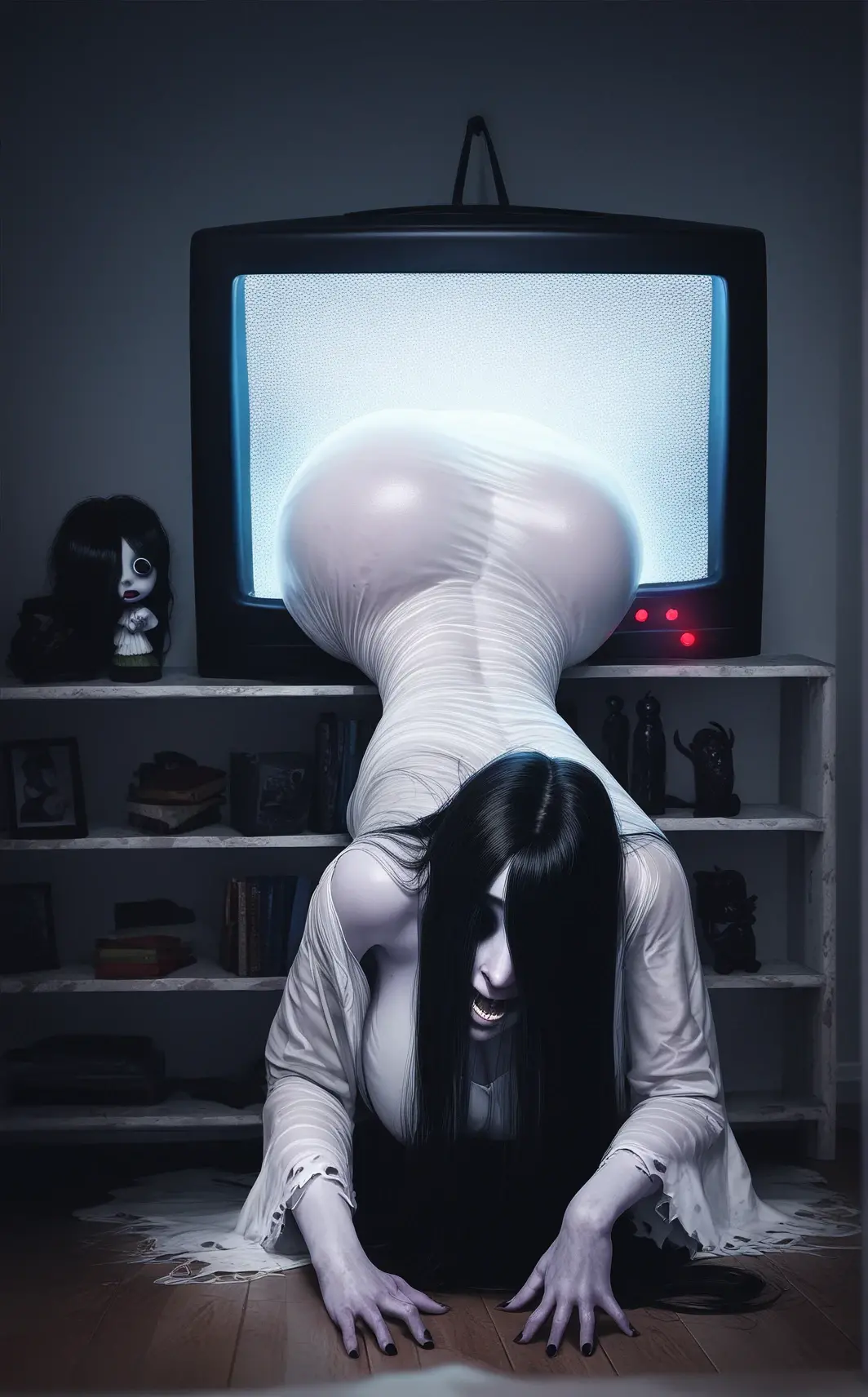 (masterpiece:1.1, Best Quality:1.1, 16K HDR, High resolution), (1girl in, Solo), Ultra-realistic portrait of Sadako Yamamura, the ring, (((Black hair, Long hair, Bangs, long bangs above the eyes,,))), medium , medium tits, medium cleavage, medium breasts, visible nipples, Inside an abandoned hut, inside an abandoned barn, farms, Dark atmosphere, Realistic skin texture, Full body shot, Perfect slim body style, White Dress, face down doggy style, Coming through the TV,