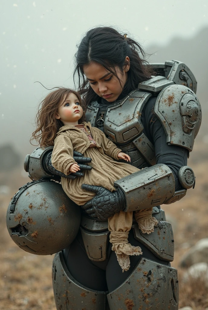 a raven hair baird girl big breasts Curve waist in Mjolnir powered assault armor Mk. IV  with a MA5B gun in her hand holding a child